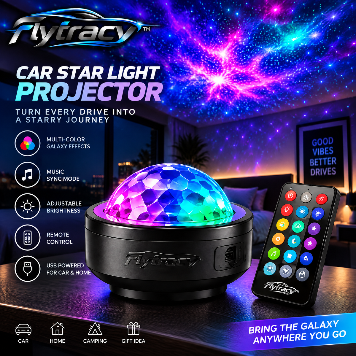 Flytracy™ Car Star Light Projector – Galaxy Ambient Lighting for Car, Home, Camping & Relaxing Spaces
