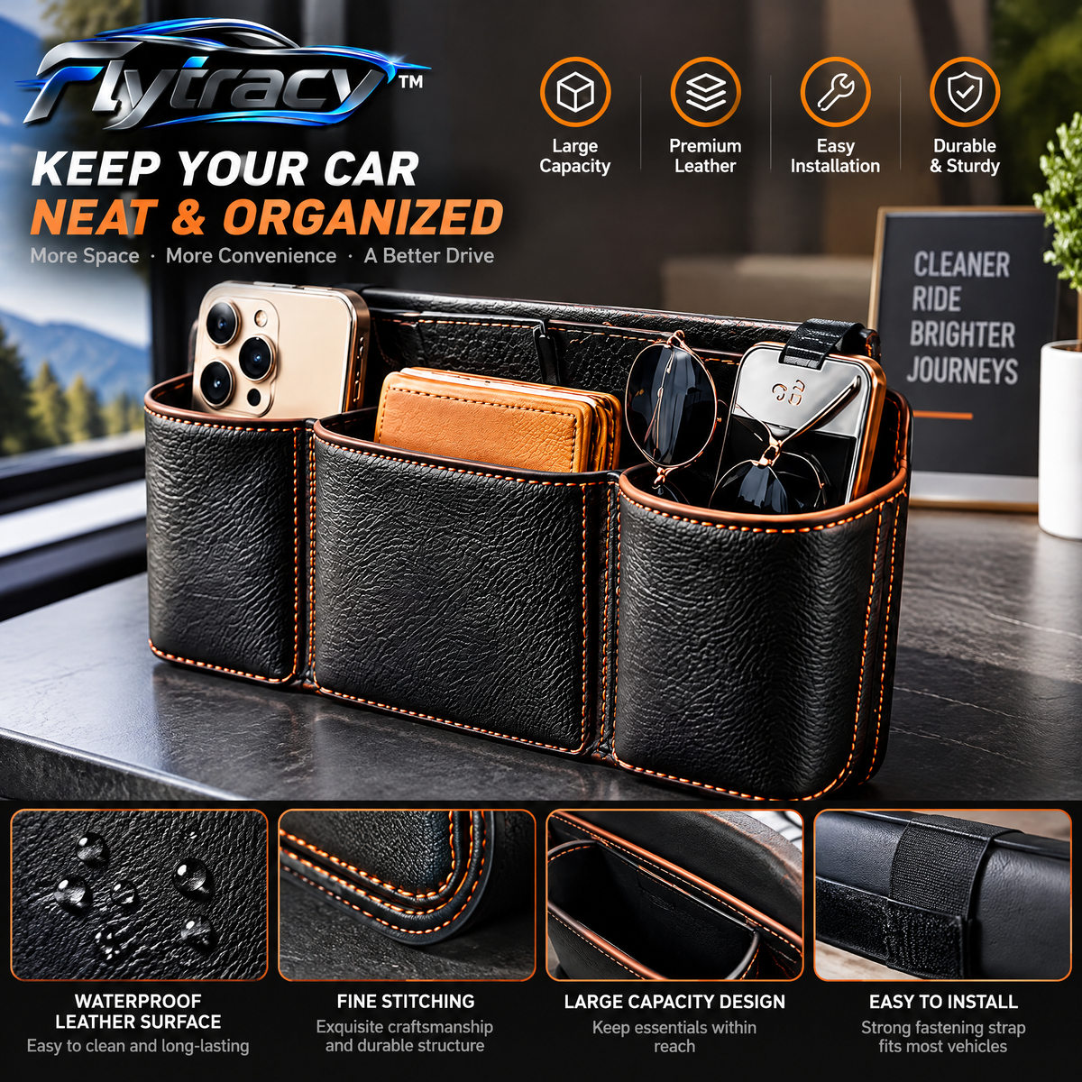 Flytracy™ Car Seat Side Organizer – Premium Leather Storage Pocket for Convenient Vehicle Organization