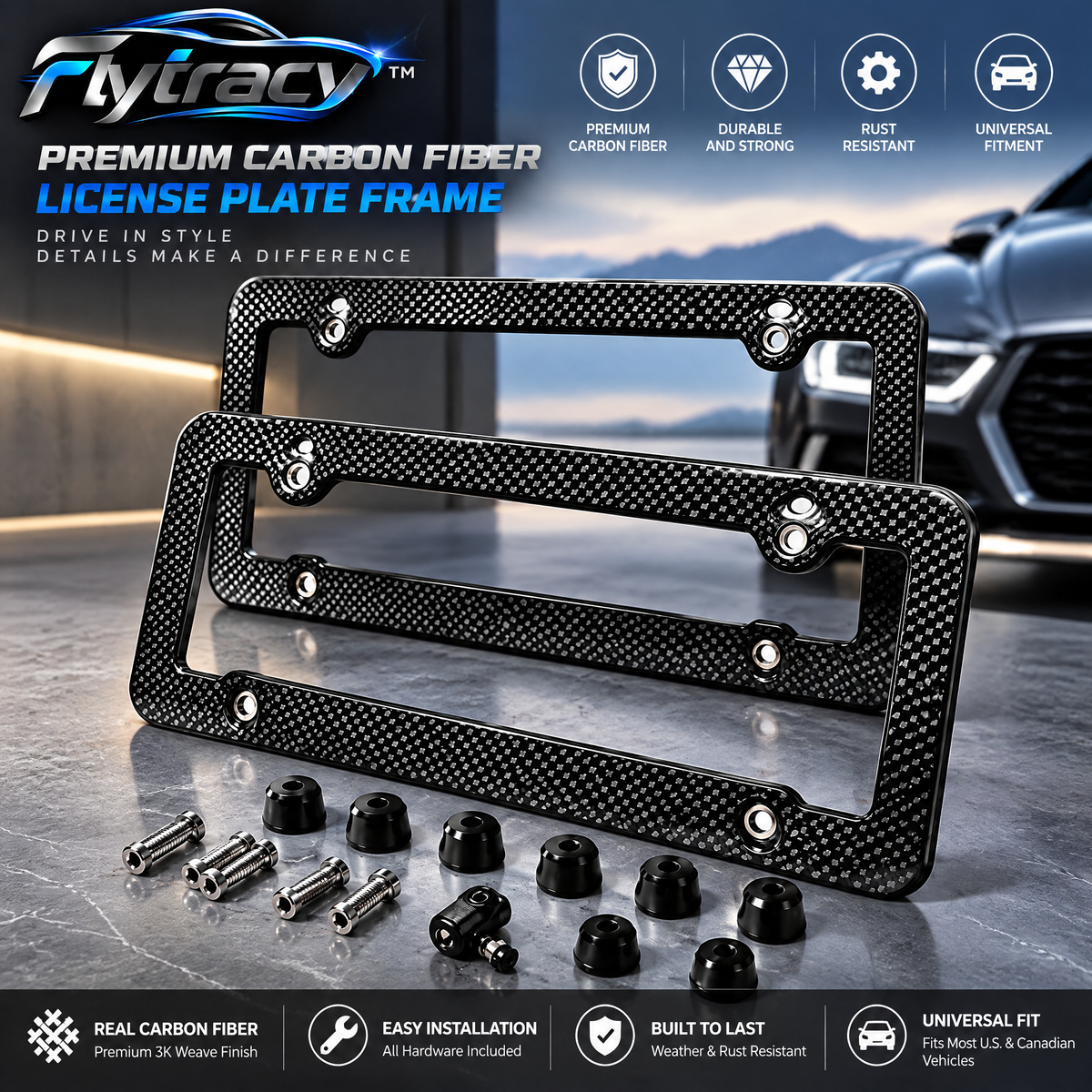 Flytracy™ Premium Carbon Fiber License Plate Frame – Lightweight Vehicle Plate Holder with Sporty Modern Styling
